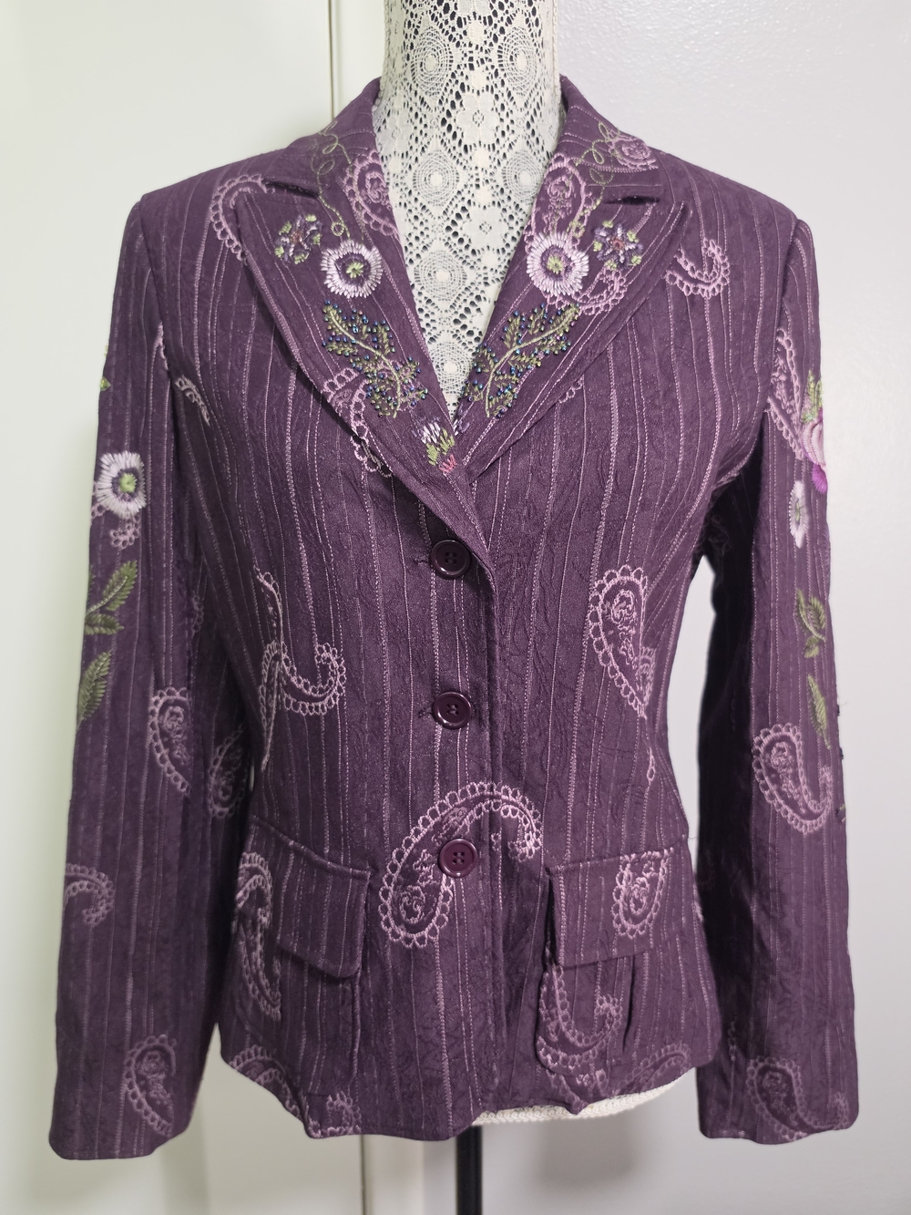 Multiples Purple Paisley Floral Embroidered Beaded Blazer Jacket Medium